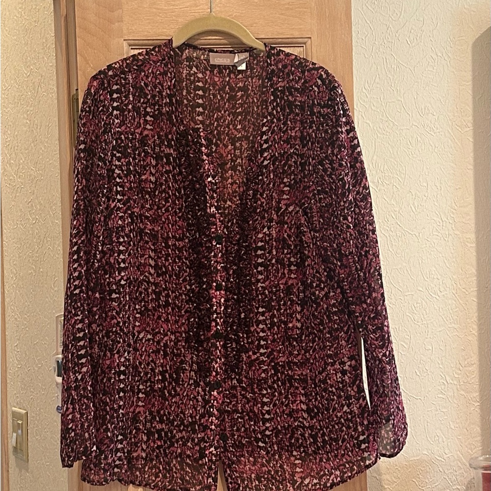 Chico's Pink and Black Patterned Cardigan
